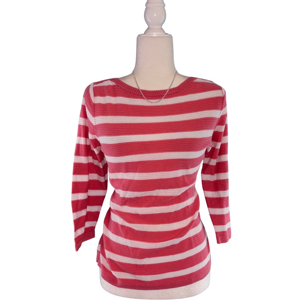 Jeanne Pierre Petite Pink & White Striped Cotton Sweater Size PM Coastal Grandma